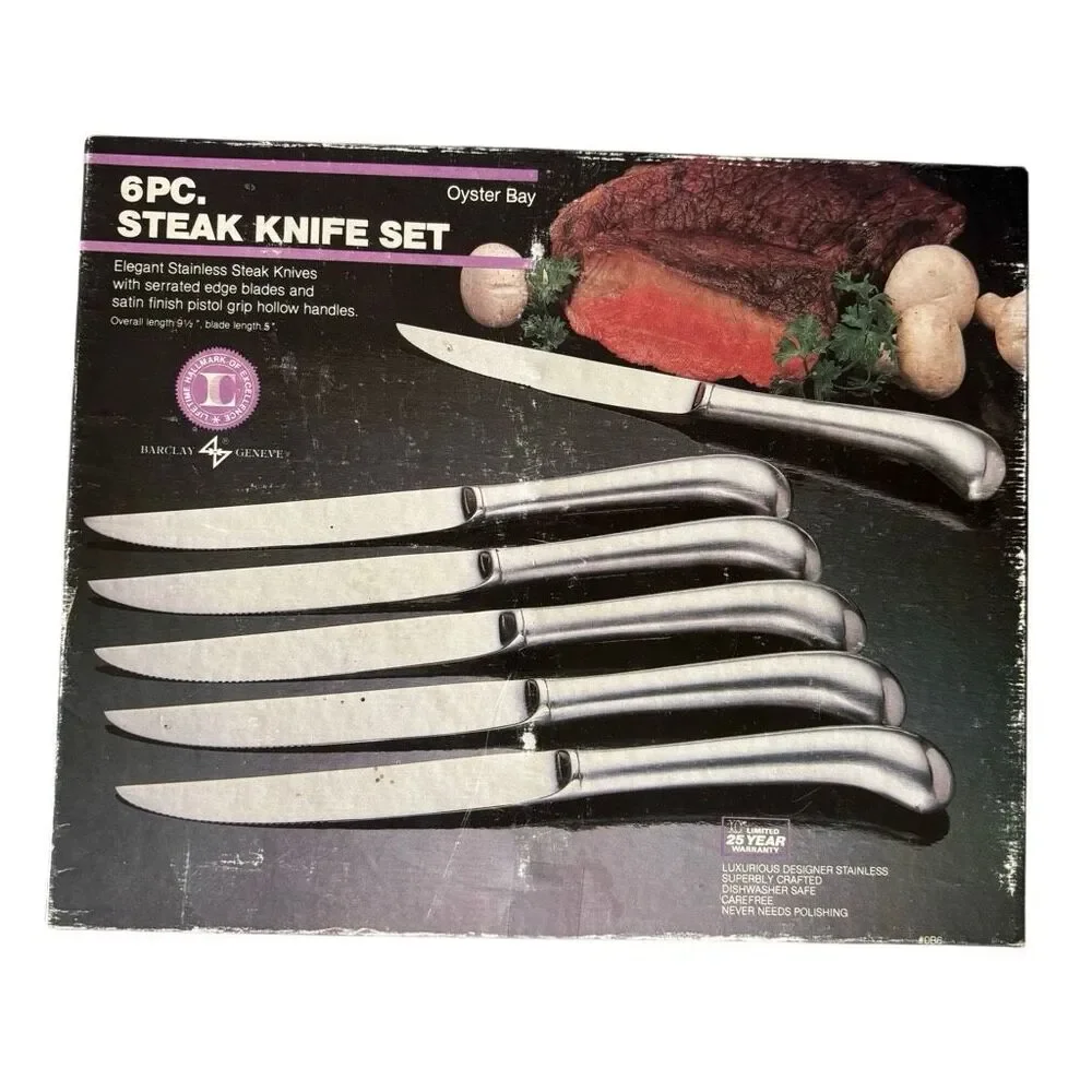 Vintage Barclay Geneve Oyster Bay 6 Pc Steak Knife Set Pistol Grip